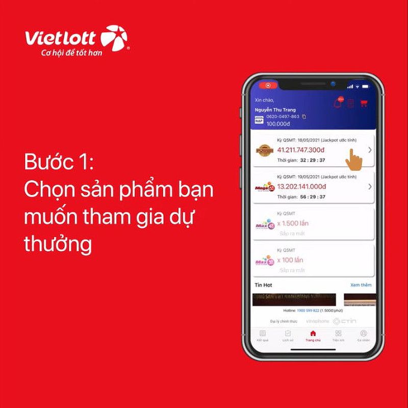 Hướng dẫn mua vé xổ số qua ứng dụng Vietlott SMS, chọn loại vé Mega 6/45 hoặc Power 6/55.